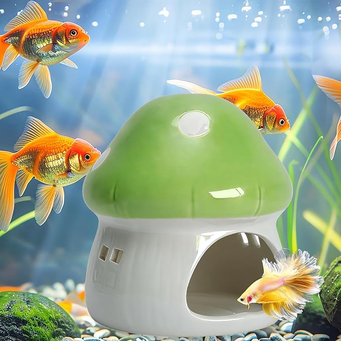AnRui Ceramic Mushroom Aquarium Decor Cute House Betta Fish Tank Accessories Decoration Hideout Cave for Small Fish, Shrimp, Goldfish and Reptiles, Easy to Clean (Green, Small)