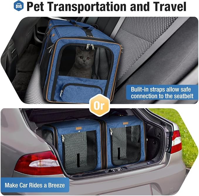 Lekereise Large Cat Carrier for 2 Cats, 2-in-1 Cat Travel Carrier with Litter Box, (17.7" x2) x16.5"x13" Pet Carrier with Zipper Locks for Moving Across The Country (No Hammock) - Blue