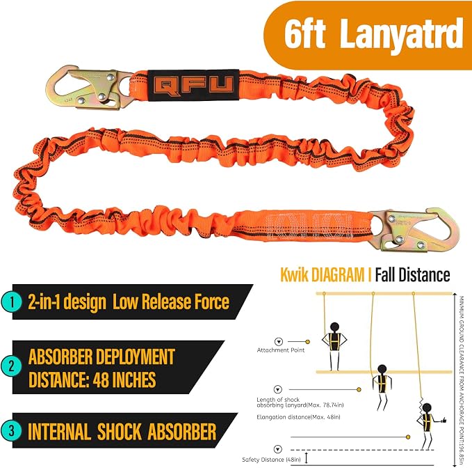 Full Body Safety Harness & Fall Protection Kit with Padded Straps, ANSI Compliant, Includes Shock-Absorbing Lanyard for Roofing, Construction and Industrial Use