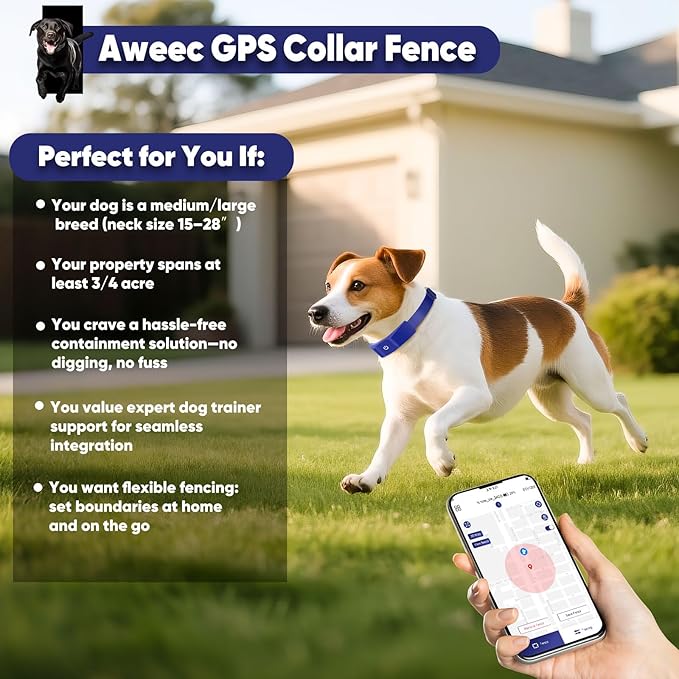 GPS Electric Dog Fence with Free App, Wireless Fence System with Training Collar, Adjustable of Dogs Portable Fence for Outdoor Use, Rechargeable Waterproof Flexiable Collar, (Blue)