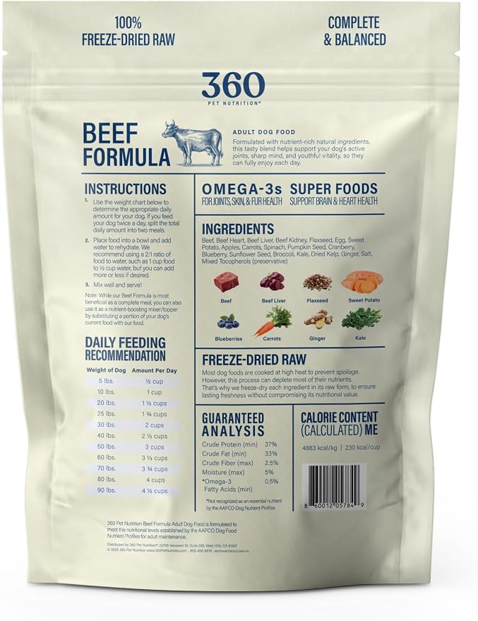 360 Pet Nutrition Freeze-Dried Raw Dog Food – Beef Recipe with Liver & Organs, High Protein with Omega-3s, Fruits, Veggies & Superfoods, Grain-Free, No Fillers 4 x 16 oz Made in USA