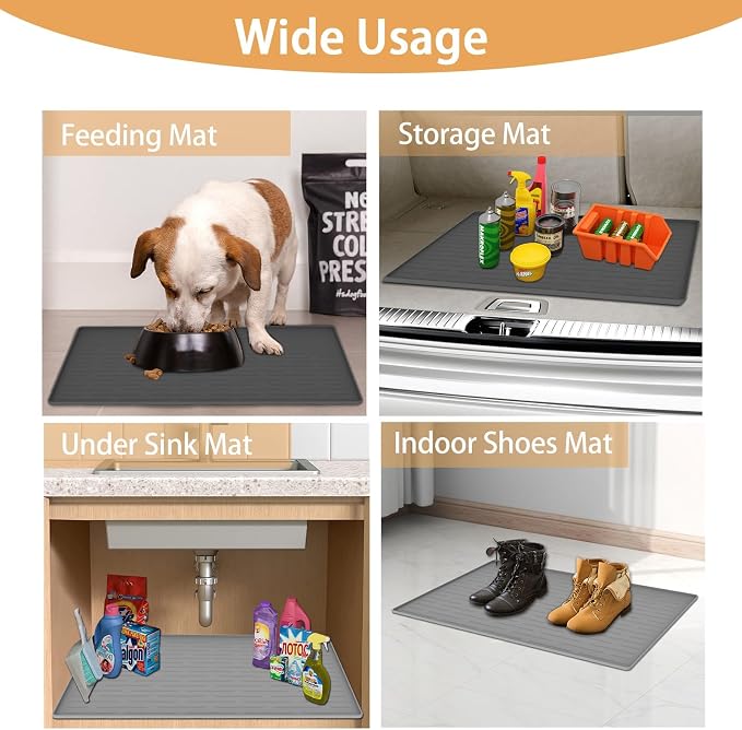 24" x 16" Dog Food Mat, Silicone Pet Mats for Food and Water, Nonslip Pet Feeding Mats for Floors, Dog Cat Bowl Mat with Raised Edges, Light Brown