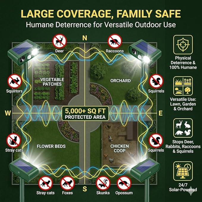 2Pack Upgraded Sonic Fortress Pro Deer Repellent Solar Animal Repellent Ultrasonic Outdoor with Motion Sensor Strobe Light for Squirrel Raccoon Rabbit Cat Skunk Deterrent Keep Pests Out of Yard Farm