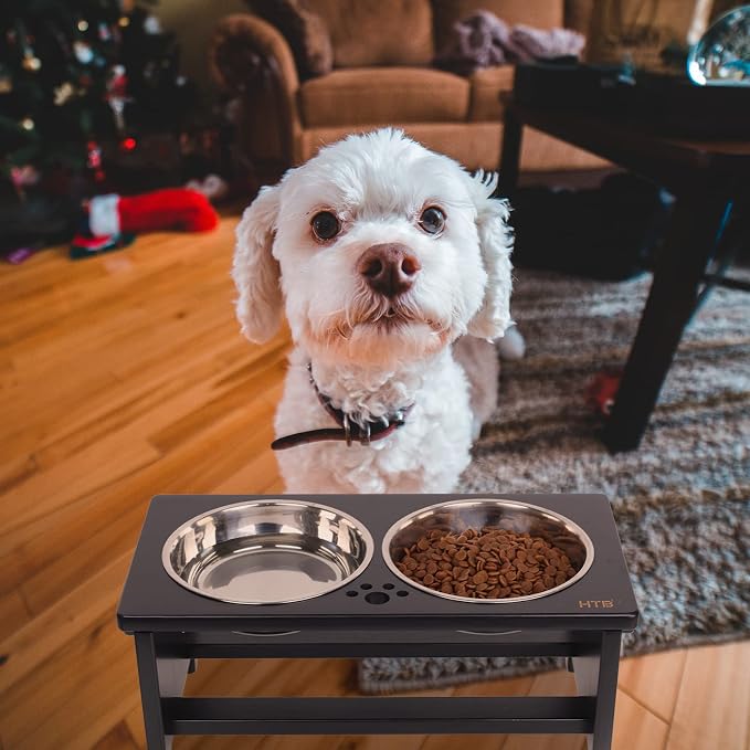 HTB Elevated Dog Bowl Stand with 2 Stainless Steel Bowls-7" H Medium Black | Raised Dog Bowl Stand, 7"tall, 29 Oz Bowls, for Medium Sized Dogs, Pet-safe, Solid Bamboo
