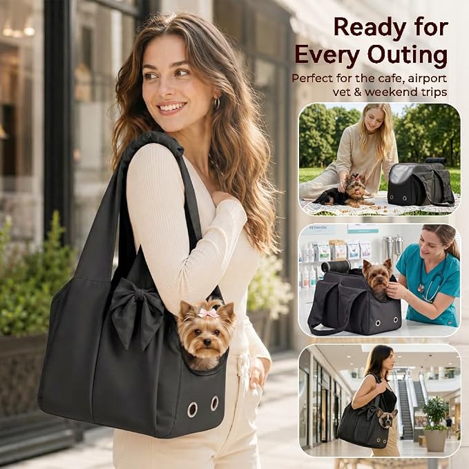 Fashion Dog Purse Carrier for Small Dogs and Cats, Soft-Sided Puppy Tote Bag Under 15 lbs, Lightweight Pet Carrier with 4 Pockets, Smart Zipper Lock, Pet Travel Bag for Travel Outdoor(Black)