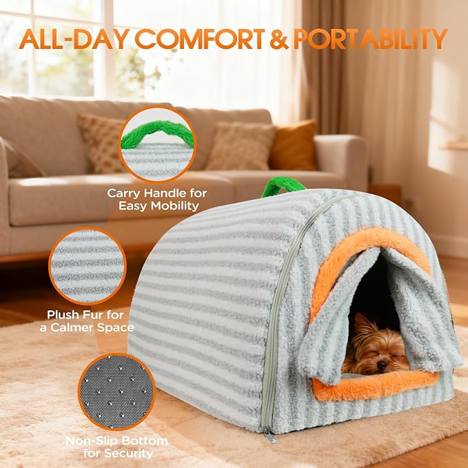 Dog House Indoor for Small Dogs, Grey, S | 2-in-1 Enclosed Dog Bed with Cover Cave & Curtain, Dog Tent with Plush Washable Cushion, Inside Dog House for Pets