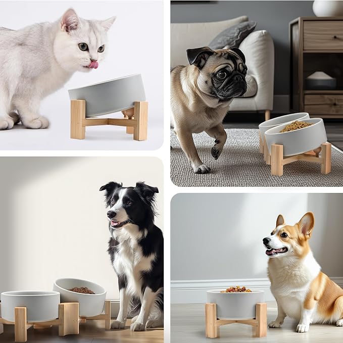 SPUNKYJUNKY 15° Slanted Ceramic Dog and Cat Bowl with Wooden Stand, Tilted Bulldog Food and Water Bowl No Slip Non-Spill for Cats Medium Dogs Big Face Pets 28.7 OZ (3.6 Cups, Grey)