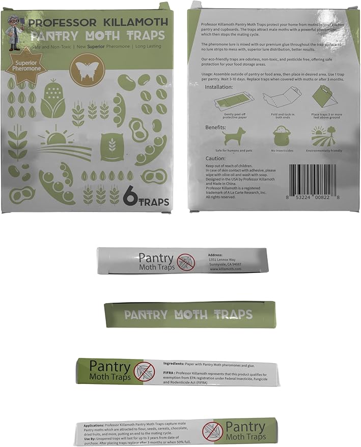 Professor Killamoth Superior Pantry Moth Traps 6-Pack with Pheromones Prime | No Insecticides | Safe, Non-Toxic and Child and Pet Friendly Pantry Protection | Superior Attractant