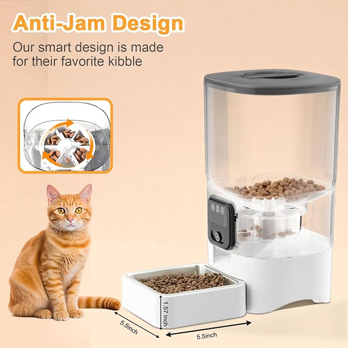 Automatic Cat Feeder with Camera, 1080P HD Video with Night Vision, 2.4G WiFi Pet Feeder for Cat & Small Dog, 2-Way Audio & Meal Call Pet Food Dispenser, Motion Capturing Auto Dog Feeder 6L