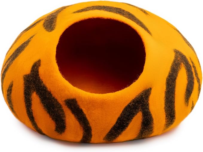 Luxurious Merino Wool Cat Cave - Foldable Hideaway Pod for Indoor Cats - Premium Felt Kitten Pet Enclosure - Covered Cat House for Ultimate Cozy Comfort by Woolygon (Tiger)