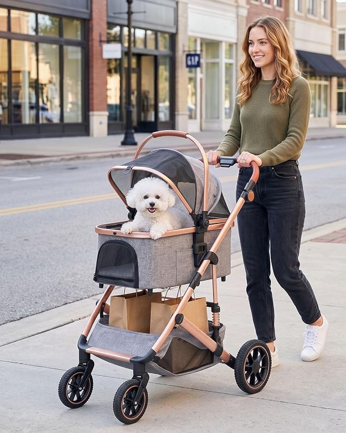 Pet Stroller with Detachable Carrier, Shock-Absorbing & Foldable | Dog & Cat Stroller for Small/Medium Pets, Convertible Car Seat, 4-Wheel Smooth Ride, Travel Carrier