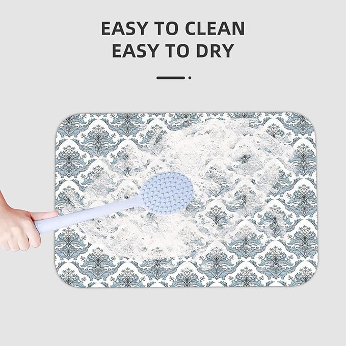 Bathroom Floor Mat, Winter Diatomaceous Mat, Damask Classical Flowers Old Fashioned Foliage, 23.6" W x 15.7" L, for Home, Office, Sink,Grey Pale Blue White