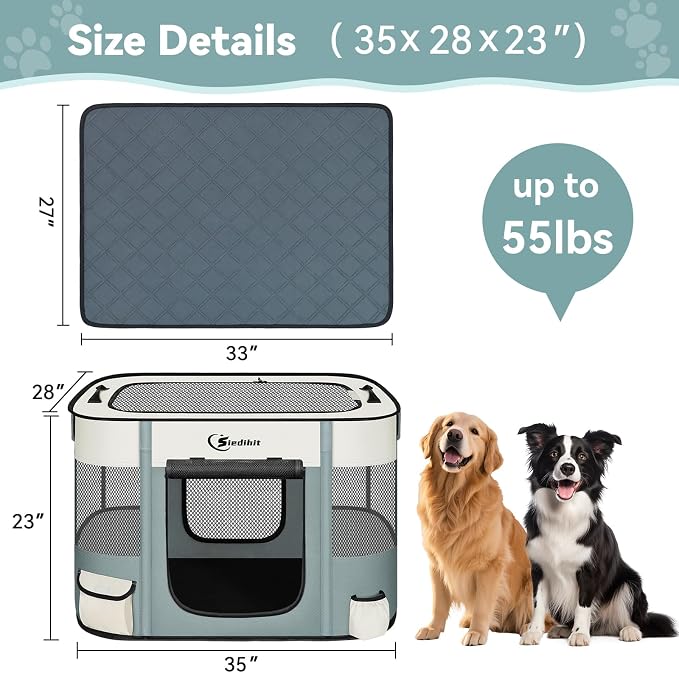 Siedihit Dog Playpen, Cat Pet Puppy Crate, Portable Playpens Indoor Outdoor (Grey with Pad, Large)
