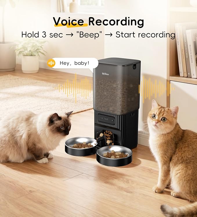 7L Automatic Cat Feeder 2 Cats, 5G WiFi Dog Food Dispenser with APP Control | APP Control, Dual Power Supply, Up to 12 Meals Per Day, 10s Voice Recorder, 2 Stainless Steel Bowls