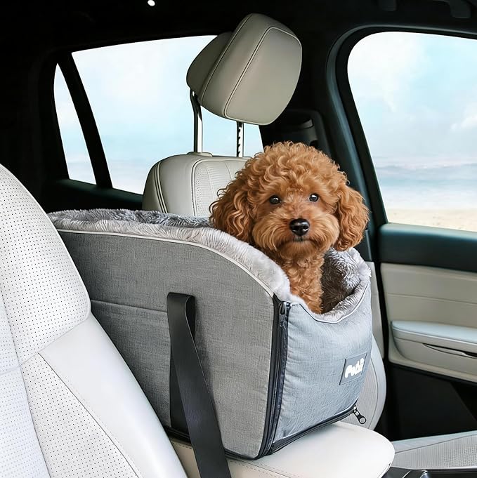 Pet Car Center Console Elevated Armrest Car Seat for Small Puppy, Dogs & Cats (Up to 10 lbs) – Dark Gray Washable Plush Carrier with Safety Leash, Fits Front Vehicle Console Space (Grey)