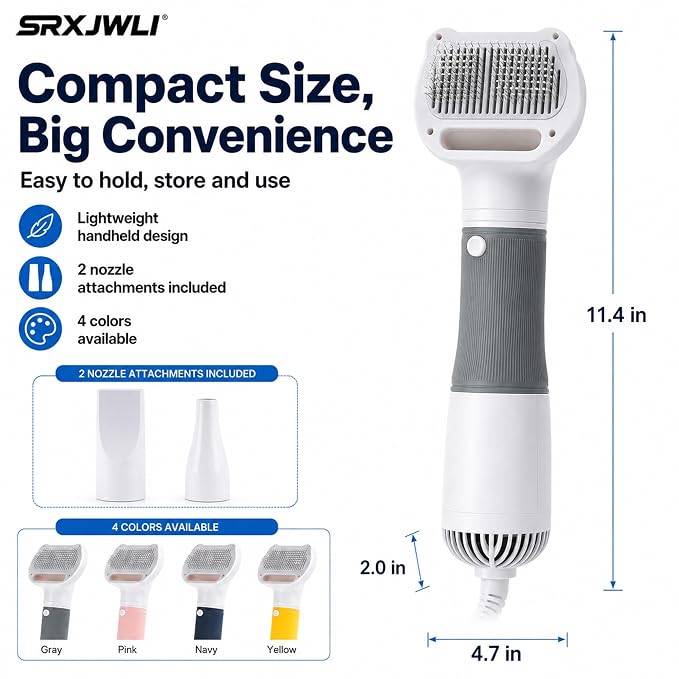 3 in 1 Pet Hair Dryers And Comb Brush High Velocity Blower for Dog Grooming | Portable Quiet Handheld Slicker with Steam Deshedding Intelligent Airflow System for Cats, Puppies and Professional(Gray)