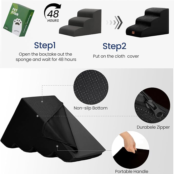GoGoBunny Ramp Dog Stairs for High Beds 24.4" H, 5-Step Extra Wide Dog Slope Stairs with Durable Waterproof Fabric Cover, Pet Steps for Old Large Dogs Climbing, Non-Slip Sturdy Indoor Step, Black