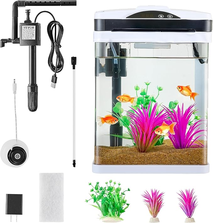 VEVOR Fish Tank Aquarium, 2 Gallon LED Square Ultra-Clear Glass Tank Temperature Monitoring Adjustable 7 Color Lighting, Self Cleaning System Fishbowl for Freshwater & Saltwater Fish Home,Office,Pet