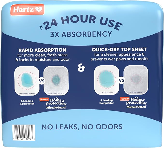 Hartz Miracle Guard Dog and Puppy Dog Pads Max Absorbency 24 Hour Use Odor Eliminating No Leaks, Regular Size 50 Count (Pack of 3)