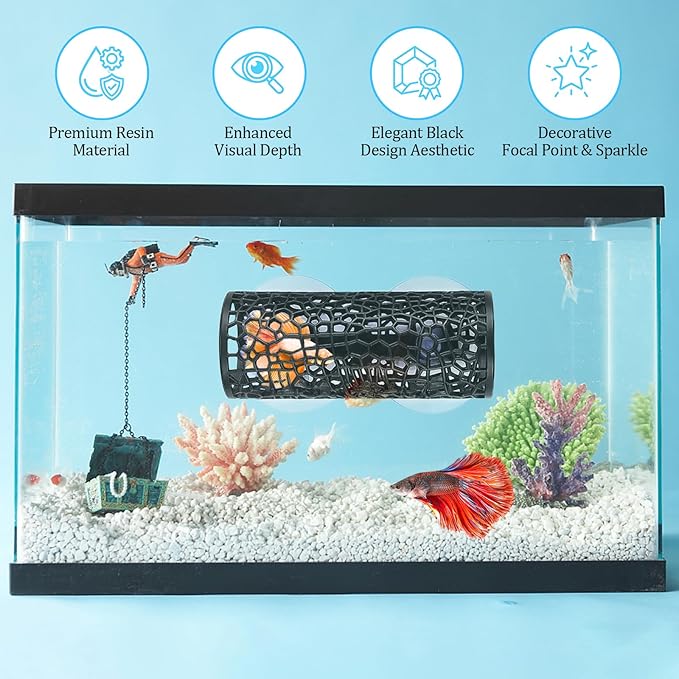 Betta Fish Tank Accessories, 2 Pcs Black Tunnel Cave with Suction Cups, Hollow Hammock Hideout Tube Shelter for Small Fish Shrimp Guppies