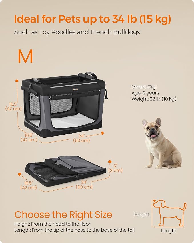 Feandrea Collapsible Dog Crate, Portable Travel Crate, 24-Inch | Oxford Fabric Pet Carrier with 4 Mesh Doors, Handles, Storage Pocket, Water Bottle Holder, UPDC016B01