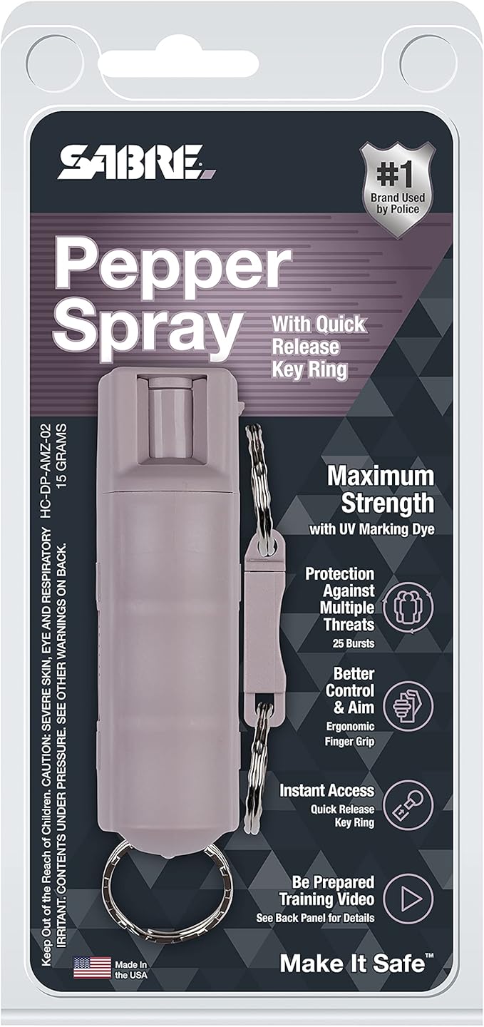 Sabre Pepper Spray - Quick Release Keychain for Easy Carry & Fast Access, Max Police Strength Self Defense OC Spray with UV Dye, 10 Sec. Spray Time, Finger Grip - Faster Aim, 0.54 fl oz,Secure Safety