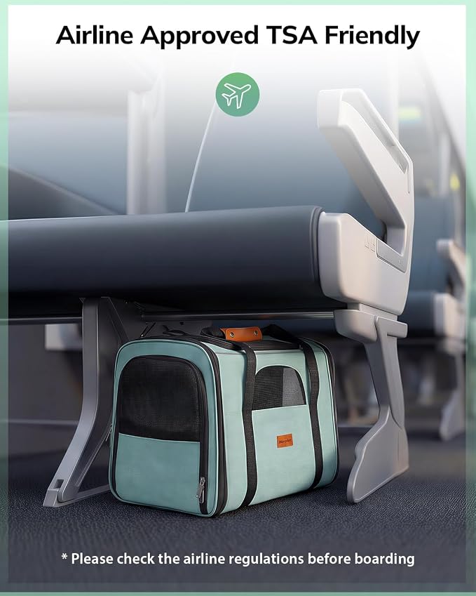 Morpilot Pet Carrier for Large Cats, Puppies & Small Dogs Up to 20lbs | Escape-Proof with Locking Zippers, Dual-Sided Cushion, Safety Buckle for Car & Vet Travel, Includes Foldable Bowl (Green)
