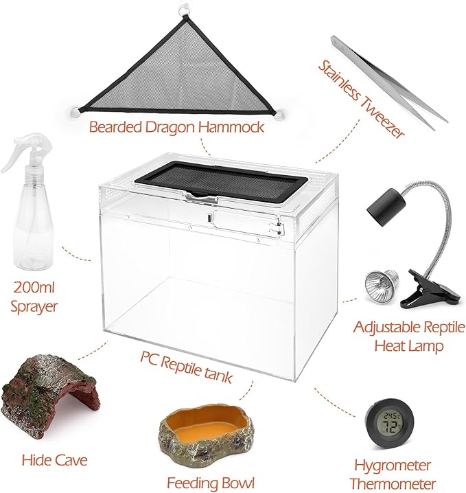 AZV Reptile Terrarium Starter Kit,8 Piece Small Reptile Tank with Escape-Proof Locks,Mesh Top,Multi-Vent Compatible Habitat,Durable Clear PC,Easy-Clean Waterproof Base for Geckos,Frogs,Spiders Small