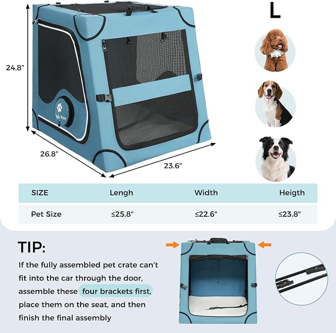 Snagle Paw Portable Dog Crate for Car Travel,Metal Frame Pet Crate,Pet Carrier for Car Back Seat Secures with Headrest Strap and Seatbelt,L