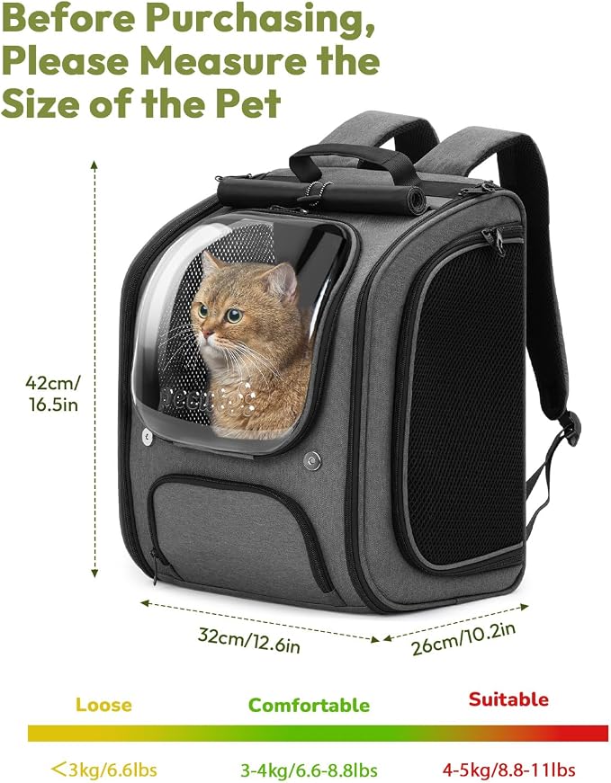 Pecute Cat Backpack Carrier,Large Space Dog Backpack,Ergonomic,Gray | Sunshade Curtain,Transparent Window,Safety Rope,Sturdy,Large Mesh on Both Sides for Breathability,Suitable for Outdoor,Vet