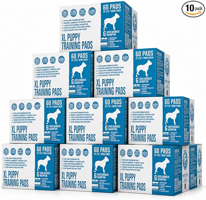 Bulldogology Premium XL Puppy Pee Pads with Adhesive Sticky Tape Extra Large Dog Training Wee Pads 6 Layer Absorbent Bullsorbent Technology White 600 Count 24 x 35