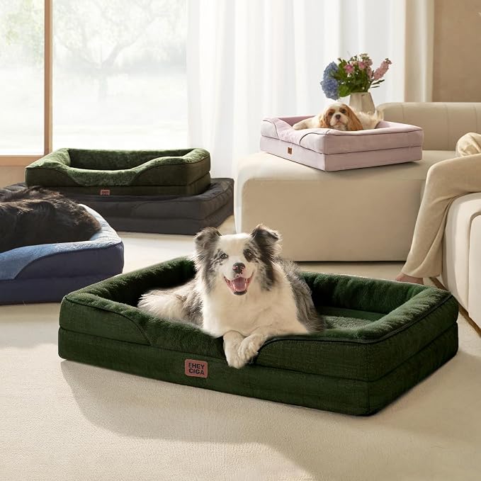 EHEYCIGA Orthopedic Dog Bed for Medium Dog, 35x22x6.5 Inch Memory Foam Dog Couch Bed with Sides, Waterproof Liner & Washable Removable Cover, Bolster Pet Sofa, Dark Green