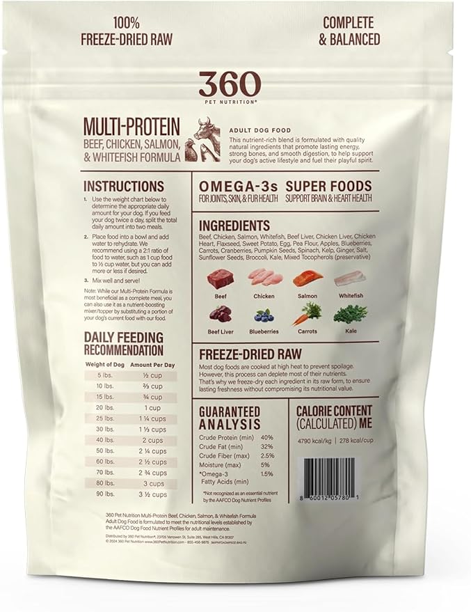 360 Pet Nutrition Freeze-Dried Raw Dog Food – Multi-Protein with Beef, Chicken, Fish, Liver & Organs, High Protein Omega-3s Fruits Veggies & Superfoods Grain-Free, No Fillers, 6 x 5 oz – Made in USA