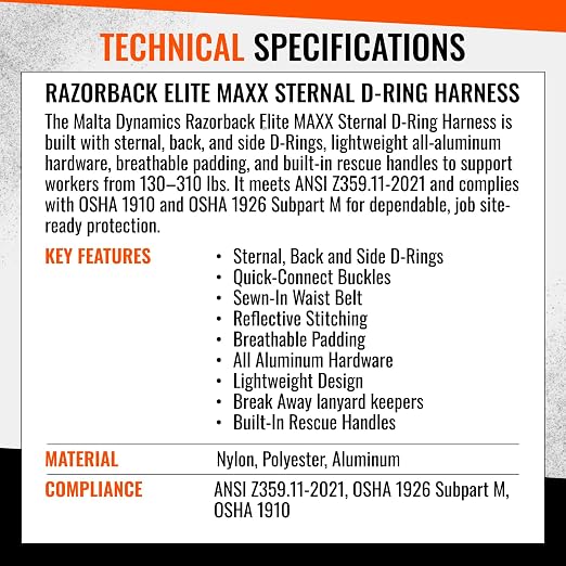 Razorback Elite MAXX - Safety Harness and Fall Protection Kit with Sewn in Lumbar Support Belt and Built-in Rescue Handles for Fall Arrest, OSHA & ANSI Compliant (Small-Medium)