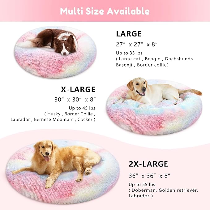 Western Home Calming Donut Large Dog Bed Pet Bed,36" Rainbow | Fluffy Faux Fur Round Cuddler,Anti-Anxiety,Anti-Slip Bottom,Plush Round Pet Dog Beds for Large Sized Dogs,Up to 80 LBS