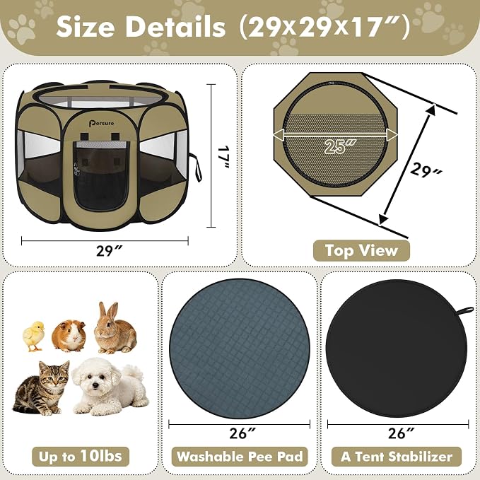 Persure Dog Cat Pet Playpen Puppy Crate Cage for Indoor Outdoor Travel | Nursing Rest Zone Recovering Pet Quarantine Room Portable Pop Up Easy to Set up lightweight Carrying Bag(Khaki with Pad,Small