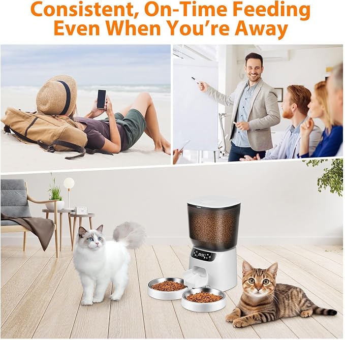 Automatic Cat Feeders for Two Cats, 5L/20 Cups Double Automatic Cat Food Dispenser with 2 Stainless Bowls, Timer Setting 20 Portions 6 Meals Per Day, 10s Meal Call (White)