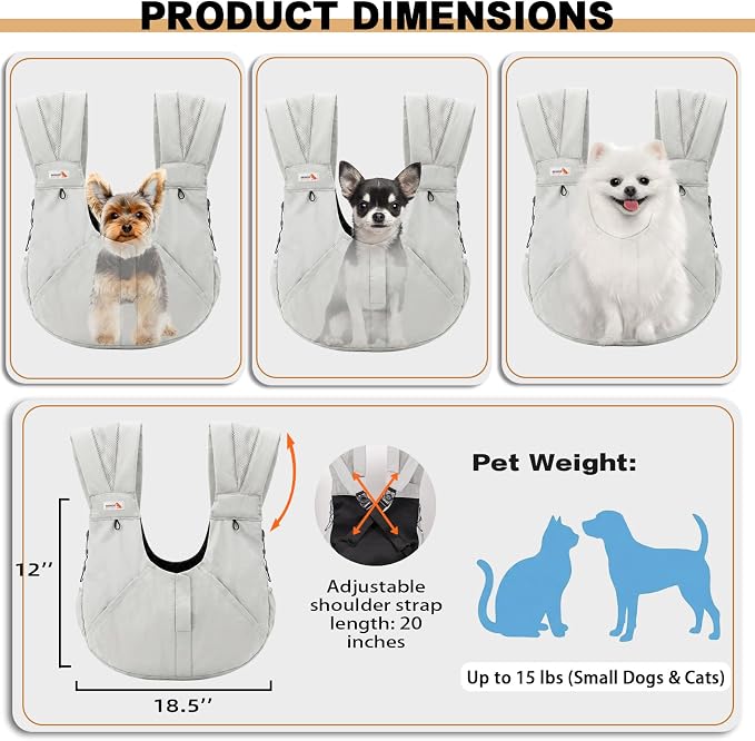 Dog Carrier Backpack, Front Dog Sling Carriers for Small Dogs | Hands Free Puppy Pet Carrier 15 lbs, Bottom Support, Adjustable Shoulder Straps, Breathable for Hiking Travel Walking, Grey