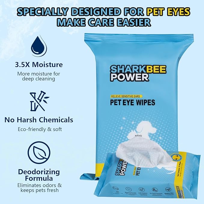 Bamboo Pet Eye Wipes for Dogs & Cats, Remove Tear Stains & Discharge, Daily Eye Cleaning for Clear & Bright Eyes (70)