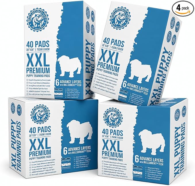 Bulldogology Premium XXL Puppy Pee Pads with Adhesive Sticky Tape Extra Large Dog Training Wee Pads 6 Layer Absorbent Bullsorbent Technology White 160 Count 30 x 36