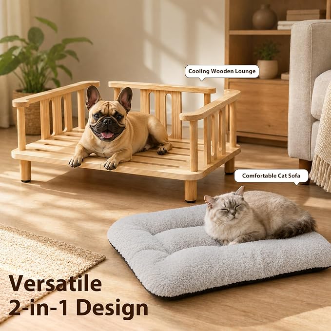 Summark Elevated Cat Couch & Dog Sofa, Solid Wood Raised Pet Bed with Machine Washable Plush Mattress, Indoor Cat Furniture for Cats & Small Dogs, Supports Up to 60 lbs