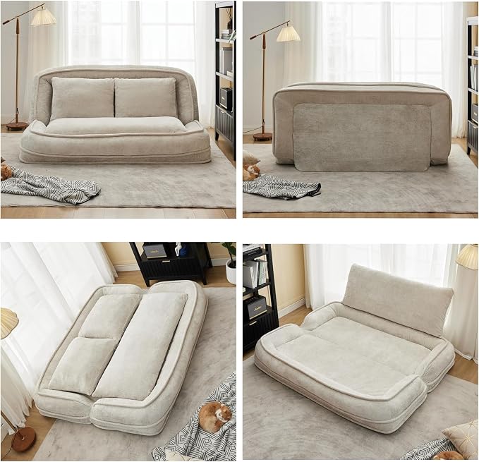 Foldable Lazy Sofa Bed, Double Human Dog Bed for Adults, Beige | Skin-friendly Breathable Soft Chenille Upholstered, 5 Adjustable Backrest Positions, 3 Soft Cushions for Living Room
