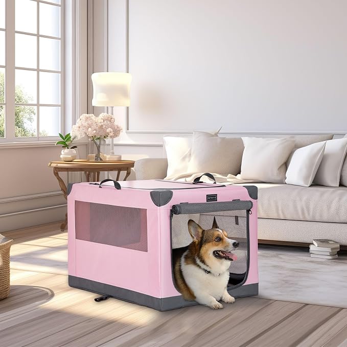 PETSFIT 30" Soft Portable Dog Crate – Patented Spiral Sturdy Frame, Collapsible Travel Kennel for Medium Dogs, 3 Mesh Door, Lockable Zippers, Indoor & Car Use Pink