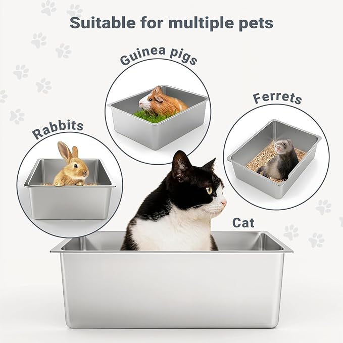 Kirecoo Stainless Steel Litter Box, Large Low Entry Metal Cat Pan Box, Indoor Litter Tray, Non Stick, No Smell, Easy to Clean, Pet Toilet Supplies for Cats