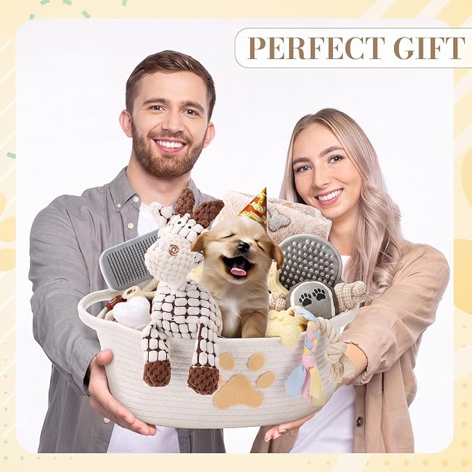 Zopeal 17 Pcs Summer Puppy Gift Set, Dog Toy & Essentials Bundle with Chew Toys, Poop Bag Dispenser, Grooming Brush, Training Bell, Blanket & Rope Basket(Beige,Sheep)