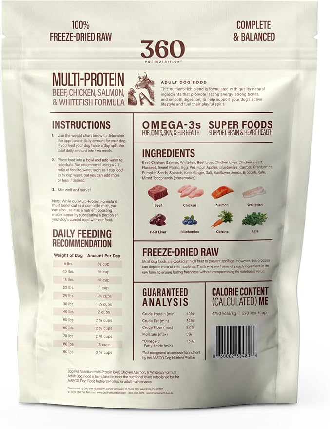 360 Pet Nutrition Freeze-Dried Raw Dog Food – Multi-Protein with Beef, Chicken, Fish & Organs, High Protein, Omega-3s, Fruits, Veggies & Superfoods, Grain-Free, No Fillers 4 x 16 oz Made in USA