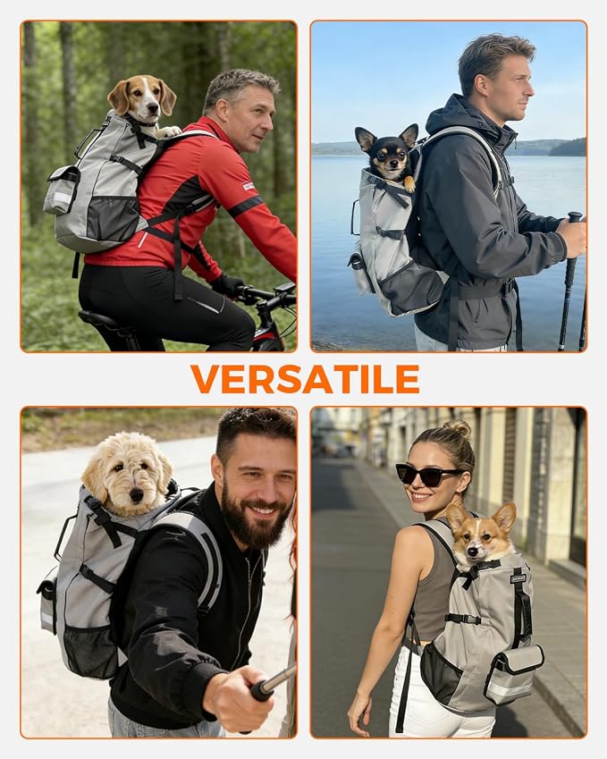 Waterproof Dog Backpack Carrier for Small Dogs Under 24 lb, Grey | 4-Layer Protection, Adjustable Dog Hiking Backpack with Storage Pockets, Reflective Strips, Non-Slip Handle for Travel