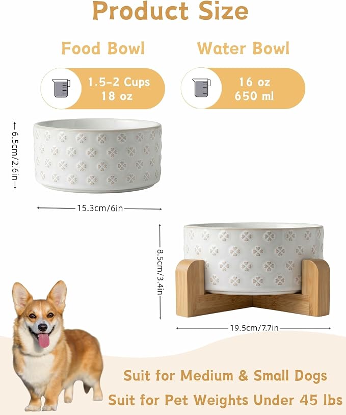 TRUVIC Ceramic Dog Bowl with Wood Stand, Jun Blanc Four-Leaf Clover Relief Dog Food and Water Bowl, 2 Cup/14 oz Puppy Food Bowl for Medium Dogs, Dishwasher Safe, Modern Geometric, Four-Leaf Clover