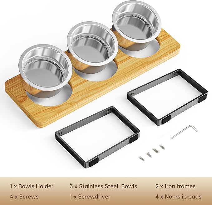 Elevated Cat Bowls with 3 Stainless Steel Bowls | 10° Tilted Anti-Vomiting Raised Cat Food Bowl for Small Cats and Puppies Pet Bowl with Stand