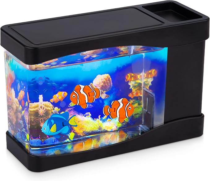 Artificial Fish Tank Virtual Ocean Toy in Motion Lamp - Mini Office Desk Aquarium 3 Colorful LED Lights, Moving Bubbles, Gift for Kids and Adults